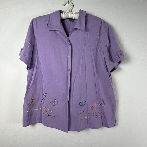 Vintage Koret Hand Printed Button Down Blouse and Pants Set Size Large Purple - Picture 1 of 16